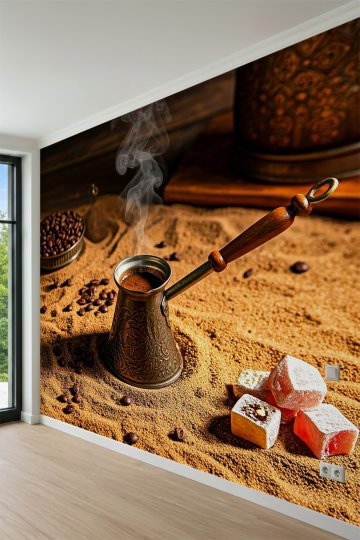 Dreamwall Kumda Türk Kahvesi, Cezve ve Lokum Motifli Tek Parça Tekstil Duvar Kağıdı küçük görsel 5