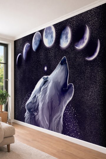 Dreamwall Kurt ve Ay Fazları Desenli - Genç Odası ve Kafe İçin Tek Parça Tekstil Duvar Kağıdı