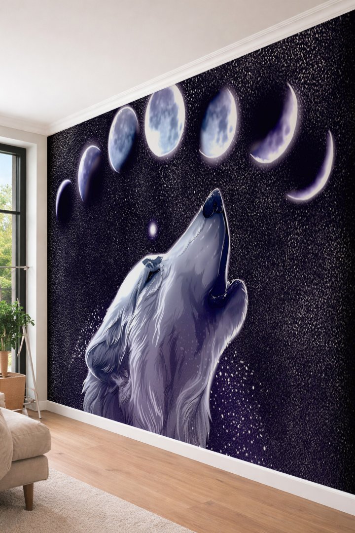 Dreamwall Kurt ve Ay Fazları Desenli - Genç Odası ve Kafe İçin Tek Parça Tekstil Duvar Kağıdı