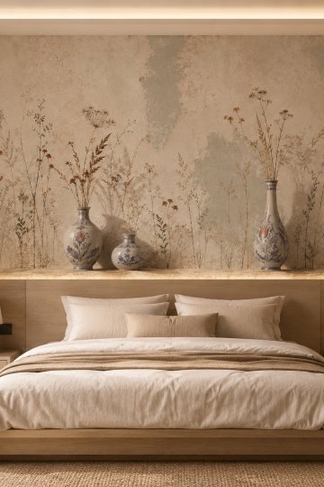 dreamwall Kurutulmuş Anılar- Çini Vazolar ve Kuru Çiçekler Temalı Tek Parça Tekstil Duvar Kağıdı küçük görsel 2