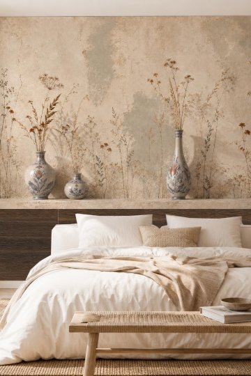dreamwall Kurutulmuş Anılar- Çini Vazolar ve Kuru Çiçekler Temalı Tek Parça Tekstil Duvar Kağıdı küçük görsel 3