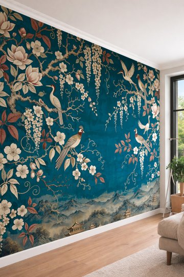 Dreamwall Kuşlar, Çiçekli Dalları ve Uzak Doğu Manzaralı Lüks Tek Parça Tekstil Duvar Kağıdı  küçük görsel 1