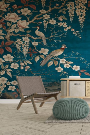 Dreamwall Kuşlar, Çiçekli Dalları ve Uzak Doğu Manzaralı Lüks Tek Parça Tekstil Duvar Kağıdı  küçük görsel 2