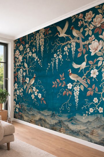 Dreamwall Kuşlar, Çiçekli Dalları ve Uzak Doğu Manzaralı Lüks Tek Parça Tekstil Duvar Kağıdı  küçük görsel 3
