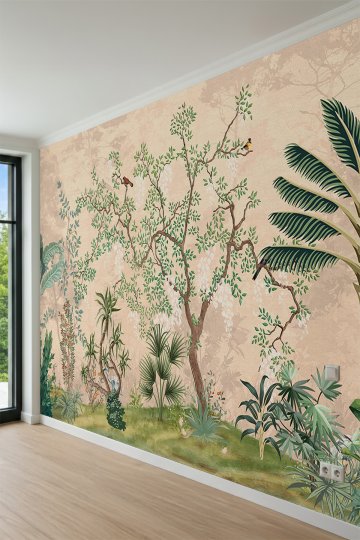 Dreamwall Kuşlu Ağaç ve Tropikal Bitki Desenli Chinoiserie Tek Parça Tekstil Duvar Kağıdı