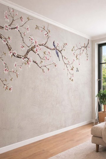 Dreamwall Kuşlu Sarkıt Kiraz Çiçeği Tek Parça Tekstil Duvar Kağıdı 