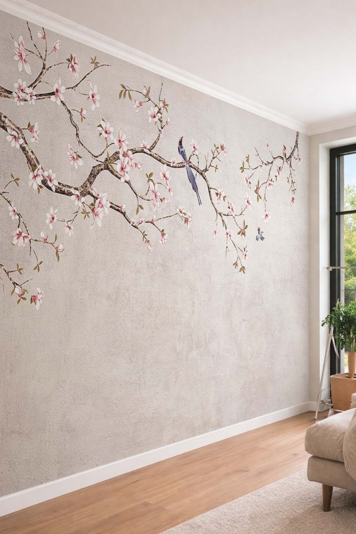 Dreamwall Kuşlu Sarkıt Kiraz Çiçeği Tek Parça Tekstil Duvar Kağıdı 
