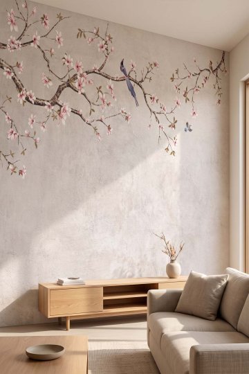 Dreamwall Kuşlu Sarkıt Kiraz Çiçeği Tek Parça Tekstil Duvar Kağıdı  küçük görsel 3