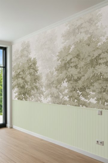 Dreamwall Lambri ve Yeşil Gravür Ağaç Desenli Tek Parça Tekstil Duvar Kağıdı