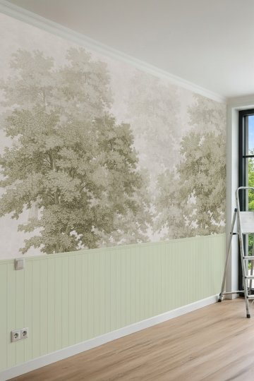 Dreamwall Lambri ve Yeşil Gravür Ağaç Desenli Tek Parça Tekstil Duvar Kağıdı küçük görsel 3