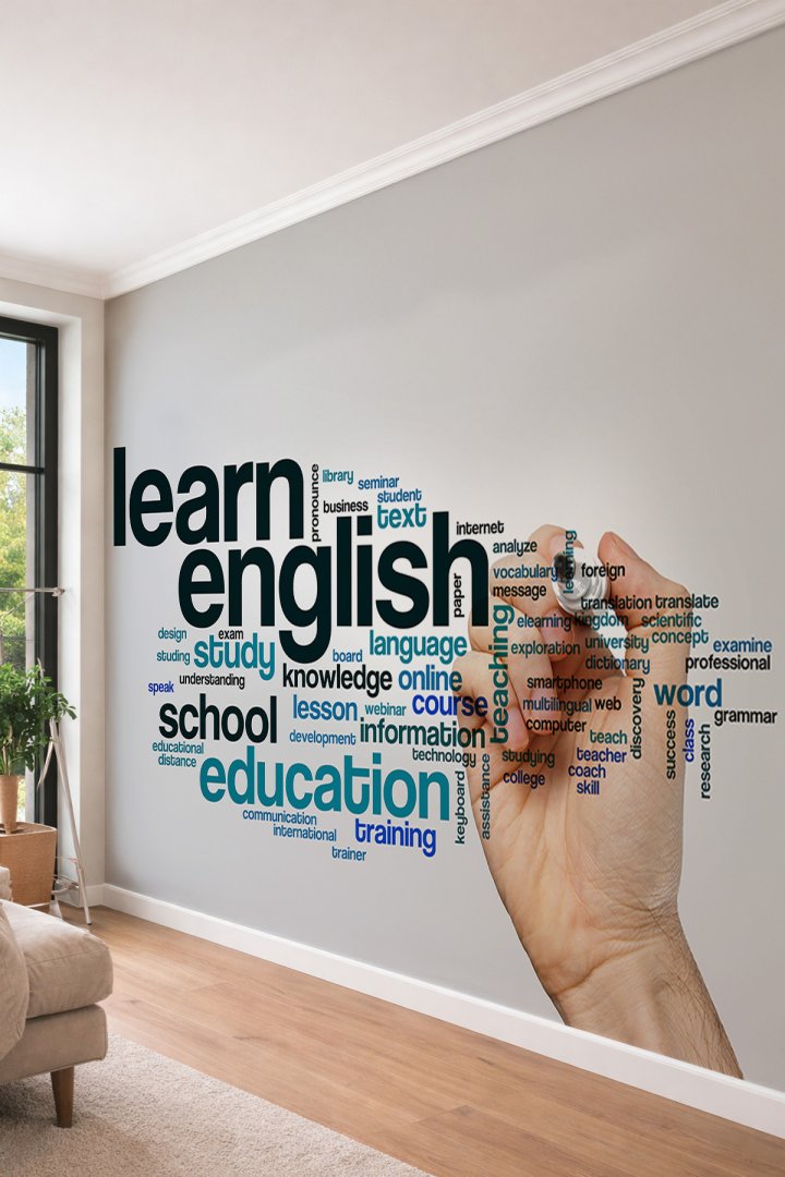 Dreamwall "Learn English" Temalı Dil Kursu ve Çalışma Odası İçin Tipografik Tekstil Duvar Kağıdı