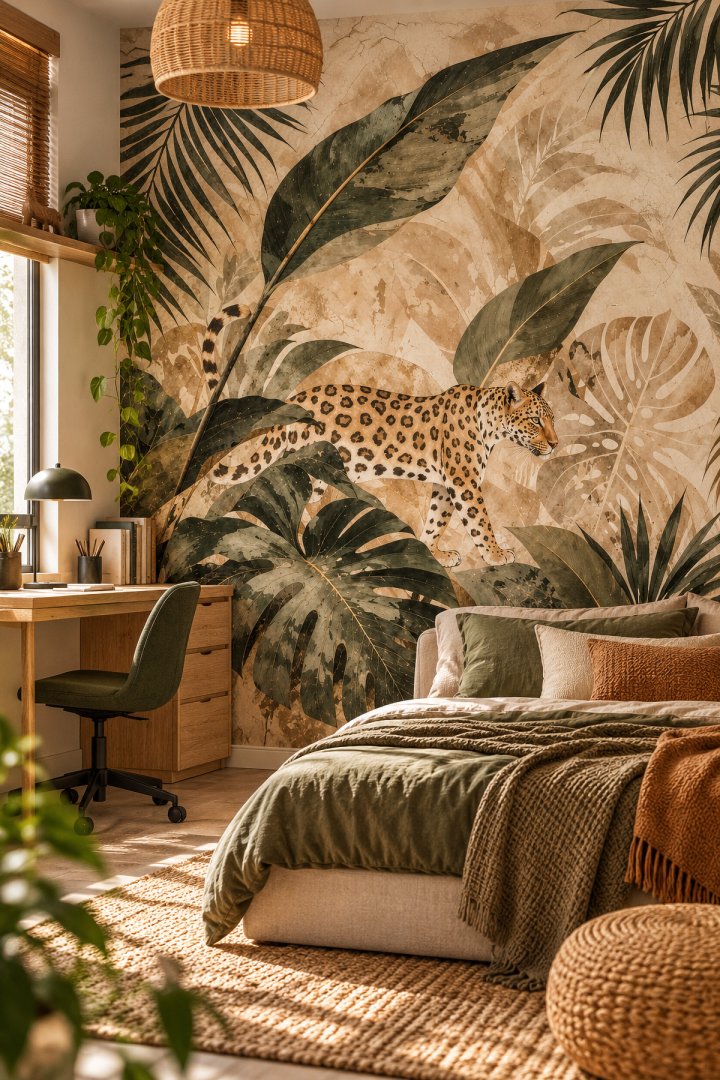 Dreamwall Leopar Sığınağı- Leopar ve Tropik Bitki Desenli Tek Parça Tekstil Duvar Kağıdı 