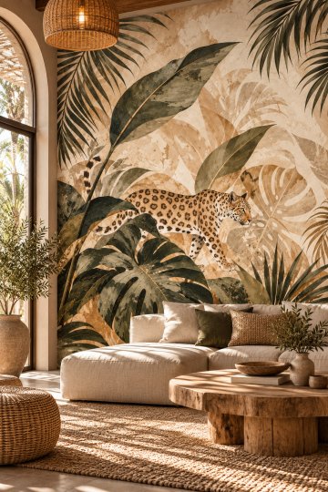 Dreamwall Leopar Sığınağı- Leopar ve Tropik Bitki Desenli Tek Parça Tekstil Duvar Kağıdı  küçük görsel 2