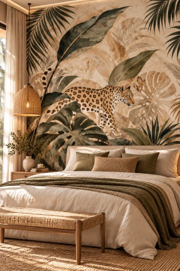 Dreamwall Leopar Sığınağı- Leopar ve Tropik Bitki Desenli Tek Parça Tekstil Duvar Kağıdı  küçük görsel 3