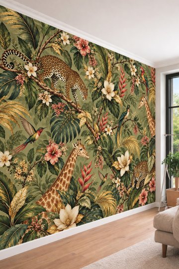 Dreamwall Leopar, Zürafa, Egzotik Kuşlar ve Tropikal Orman Motifli Tek Parça Tekstil Duvar Kağıdı  küçük görsel 1