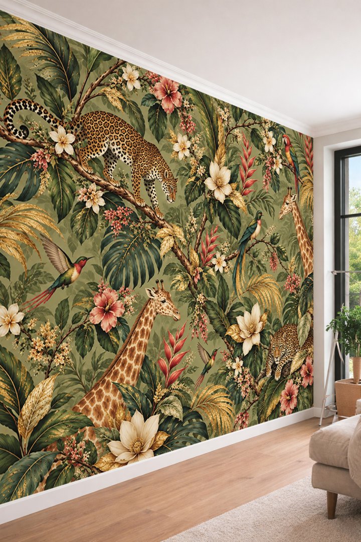 Dreamwall Leopar, Zürafa, Egzotik Kuşlar ve Tropikal Orman Motifli Tek Parça Tekstil Duvar Kağıdı 