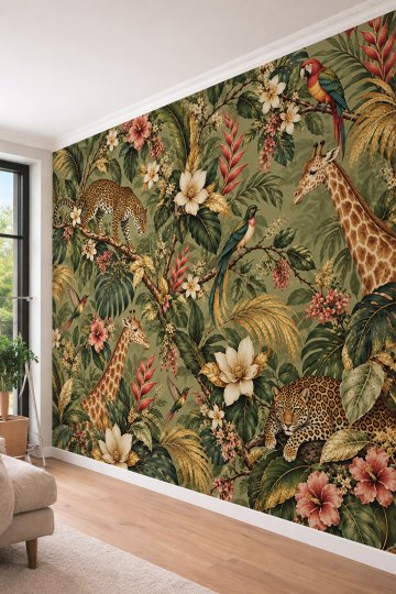 Dreamwall Leopar, Zürafa, Egzotik Kuşlar ve Tropikal Orman Motifli Tek Parça Tekstil Duvar Kağıdı  küçük görsel 3