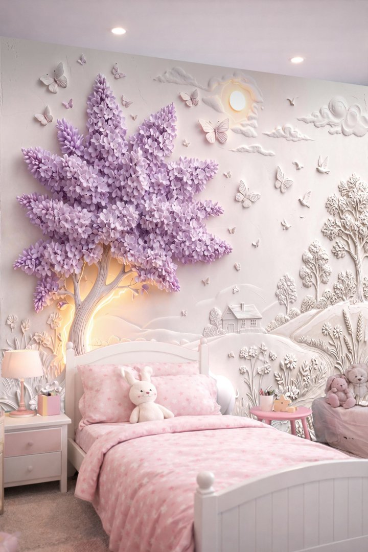 Dreamwall Lila Çiçekli Ağaç, Sevimli Hipopotam ve Kabartma Desenli Tek Parça Tekstil Duvar Kağıdı 