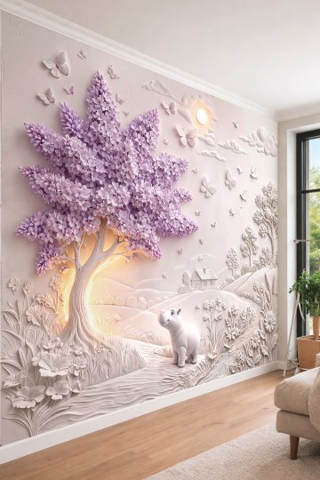 Dreamwall Lila Çiçekli Ağaç, Sevimli Hipopotam ve Kabartma Desenli Tek Parça Tekstil Duvar Kağıdı  küçük görsel 2