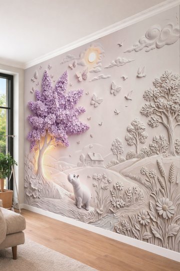 Dreamwall Lila Çiçekli Ağaç, Sevimli Hipopotam ve Kabartma Desenli Tek Parça Tekstil Duvar Kağıdı  küçük görsel 4