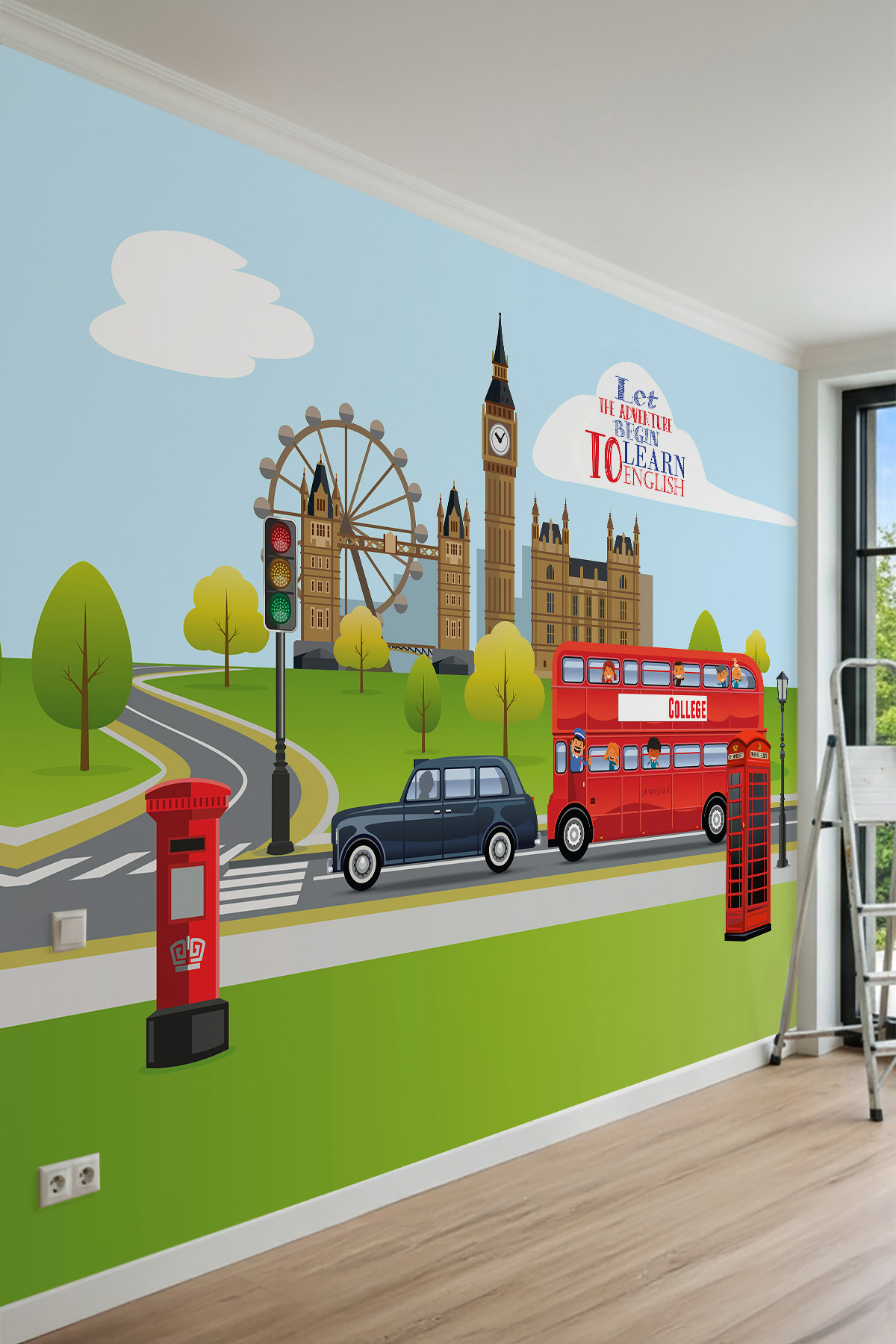 Dreamwall Londra Simgeleri, Big Ben, Kırmızı Çift Katlı Otobüs ve Telefon Kulübesi Motifli Tek Parça Tekstil Duvar Kağıdı görsel 1