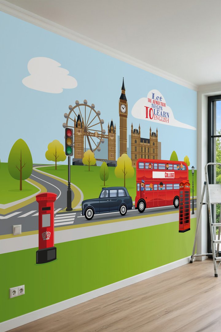 Dreamwall Londra Simgeleri, Big Ben, Kırmızı Çift Katlı Otobüs ve Telefon Kulübesi Motifli Tek Parça...