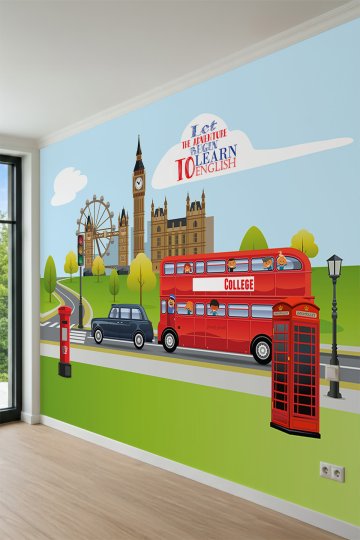 Dreamwall Londra Simgeleri, Big Ben, Kırmızı Çift Katlı Otobüs ve Telefon Kulübesi Motifli Tek Parça Tekstil Duvar Kağıdı küçük görsel 3