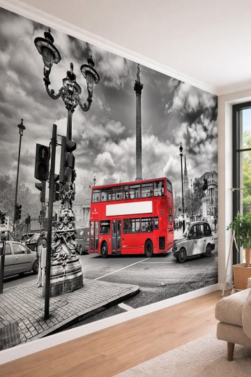Dreamwall Londra Sokakları ve Otobüs - Şehir Temalı Tek Parça Tekstil Duvar Kağıdı
