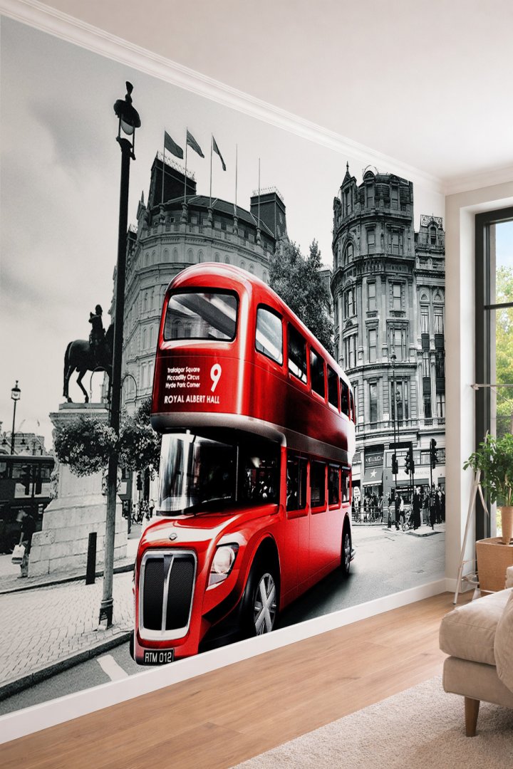 Dreamwall Londra Sokakları ve Retro Otobüs - Şehir Temalı Tek Parça Tekstil Duvar Kağıdı