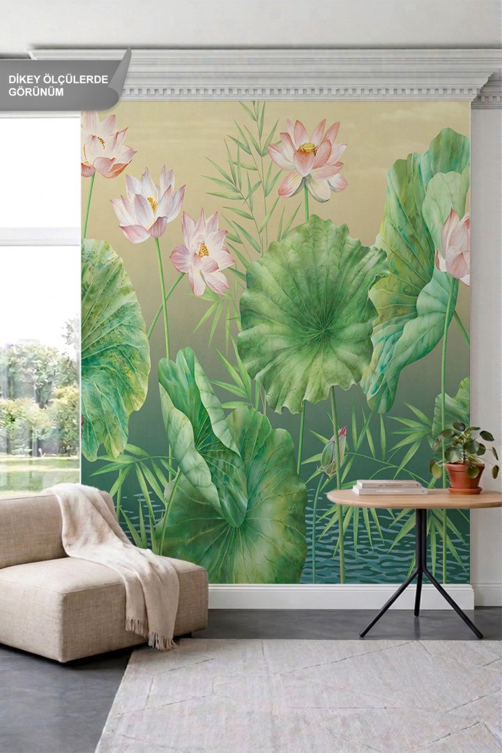 Dreamwall Lotus Çiçekleri, Büyük Yapraklar ve Su Motifli Tek Parça Tekstil Duvar Kağıdı