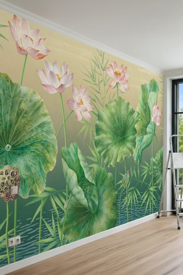 Dreamwall Lotus Çiçekleri, Büyük Yapraklar ve Su Motifli Tek Parça Tekstil Duvar Kağıdı küçük görsel 2