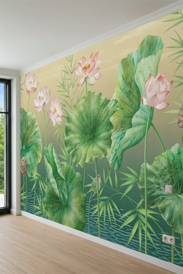 Dreamwall Lotus Çiçekleri, Büyük Yapraklar ve Su Motifli Tek Parça Tekstil Duvar Kağıdı küçük görsel 3
