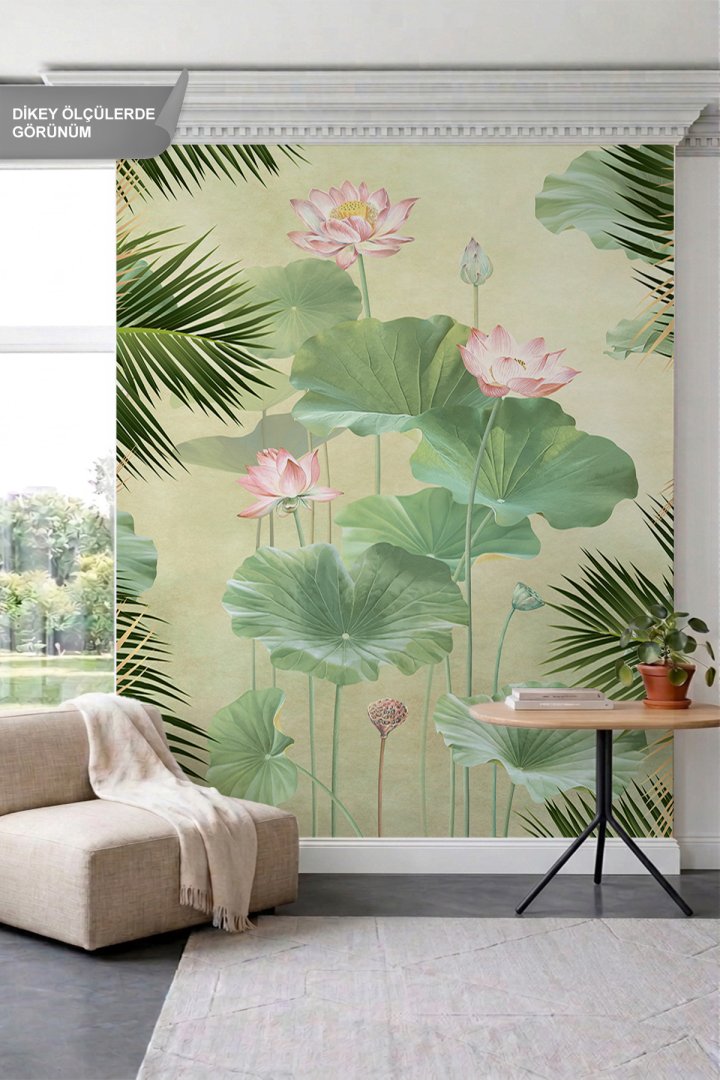 Dreamwall Lotus Çiçekleri, Dev Yapraklar ve Palmiye Dalları Motifli Tek Parça Tekstil Duvar Kağıdı
