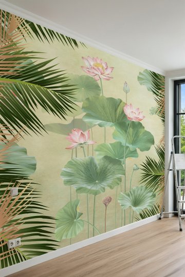 Dreamwall Lotus Çiçekleri, Dev Yapraklar ve Palmiye Dalları Motifli Tek Parça Tekstil Duvar Kağıdı küçük görsel 2