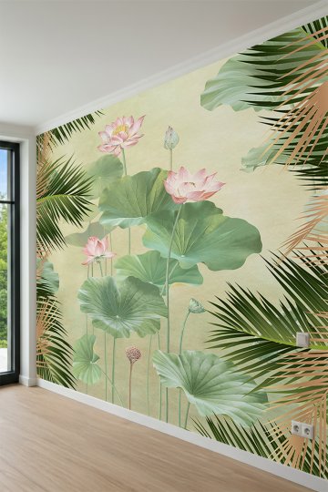 Dreamwall Lotus Çiçekleri, Dev Yapraklar ve Palmiye Dalları Motifli Tek Parça Tekstil Duvar Kağıdı küçük görsel 3