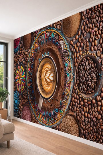 Dreamwall Mandala Kahve Çekirdeği Desenli Tek Parça Tekstil Duvar Kağıdı
