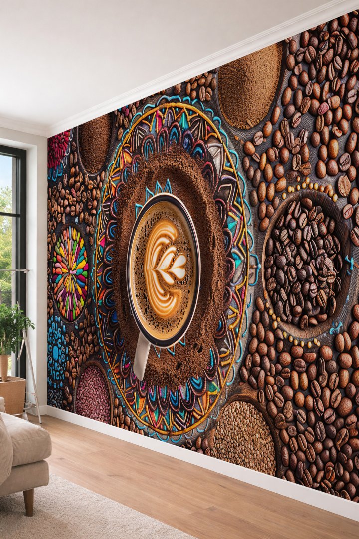 Dreamwall Mandala Kahve Çekirdeği Desenli Tek Parça Tekstil Duvar Kağıdı