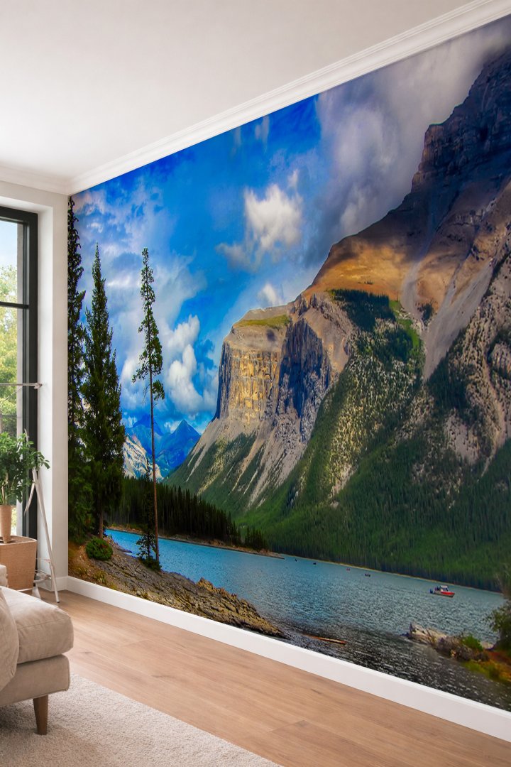 Dreamwall Manzara Desenli Dağ ve Göl Temalı Tek Parça Tekstil Duvar Kağıdı 