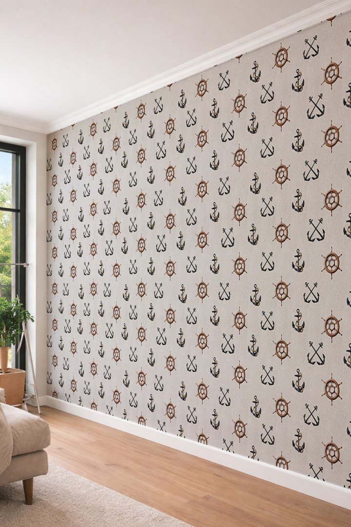 Dreamwall Marine Temalı Çapa ve Dümen Desenli Tek Parça Tekstil Duvar Kağıdı