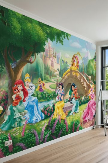 Dreamwall Masal Prensesleri, Taş Köprü, Şato ve Bahçe Motifli Tek Parça Tekstil Duvar Kağıdı küçük görsel 2