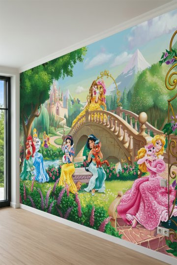 Dreamwall Masal Prensesleri, Taş Köprü, Şato ve Bahçe Motifli Tek Parça Tekstil Duvar Kağıdı küçük görsel 3