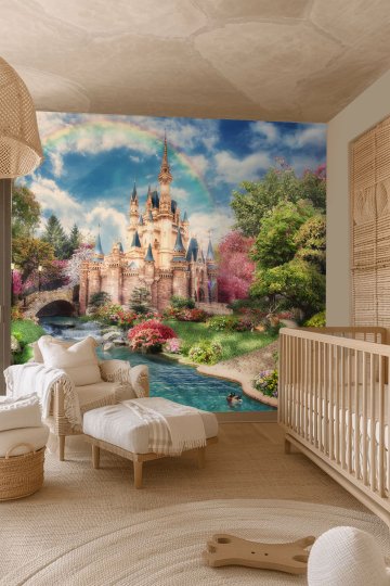 Dreamwall Masal Şatosu ve Gökkuşağı Desenli Tek Parça Tekstil Duvar Kağıdı
