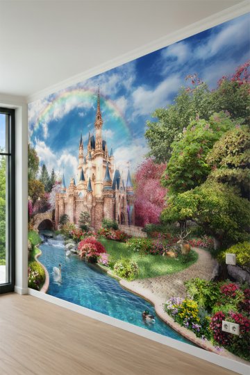 Dreamwall Masal Şatosu ve Gökkuşağı Desenli Tek Parça Tekstil Duvar Kağıdı küçük görsel 2