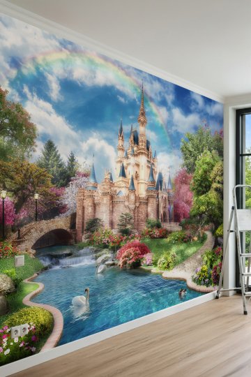 Dreamwall Masal Şatosu ve Gökkuşağı Desenli Tek Parça Tekstil Duvar Kağıdı küçük görsel 3