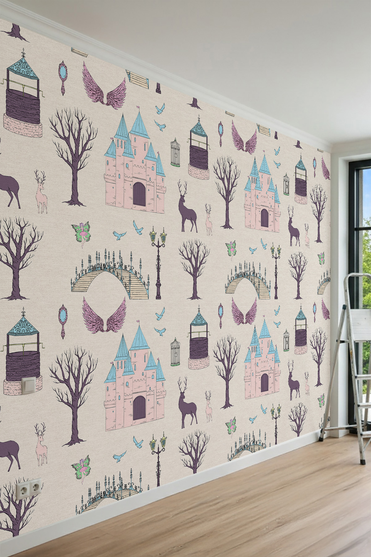 Dreamwall Masalsı Şato, Geyik ve Sihirli Orman Desenli Çocuk Odası Tek Parça Tekstil Duvar Kağıdı görsel 1