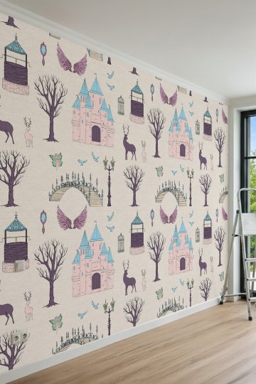 Dreamwall Masalsı Şato, Geyik ve Sihirli Orman Desenli Çocuk Odası Tek Parça Tekstil Duvar Kağıdı küçük görsel 2