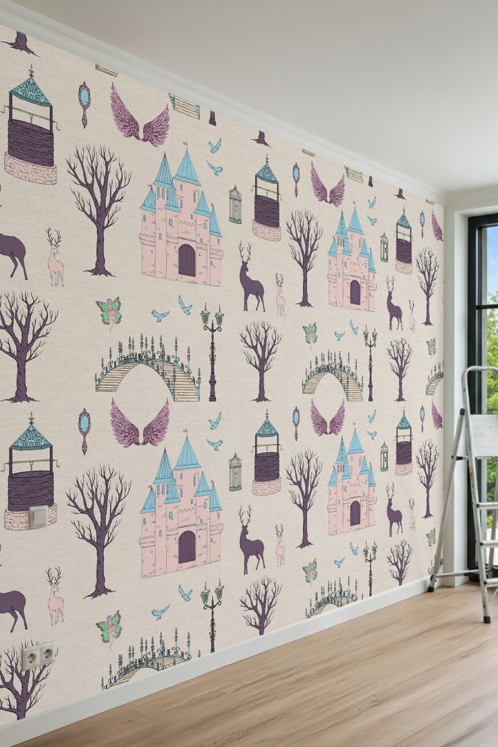 Dreamwall Masalsı Şato, Geyik ve Sihirli Orman Desenli Çocuk Odası Tek Parça Tekstil Duvar Kağıdı