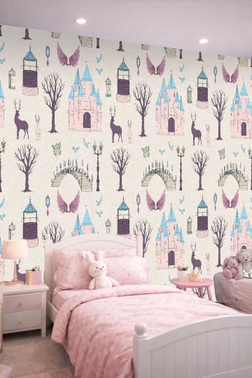 Dreamwall Masalsı Şato, Geyik ve Sihirli Orman Desenli Çocuk Odası Tek Parça Tekstil Duvar Kağıdı küçük görsel 1