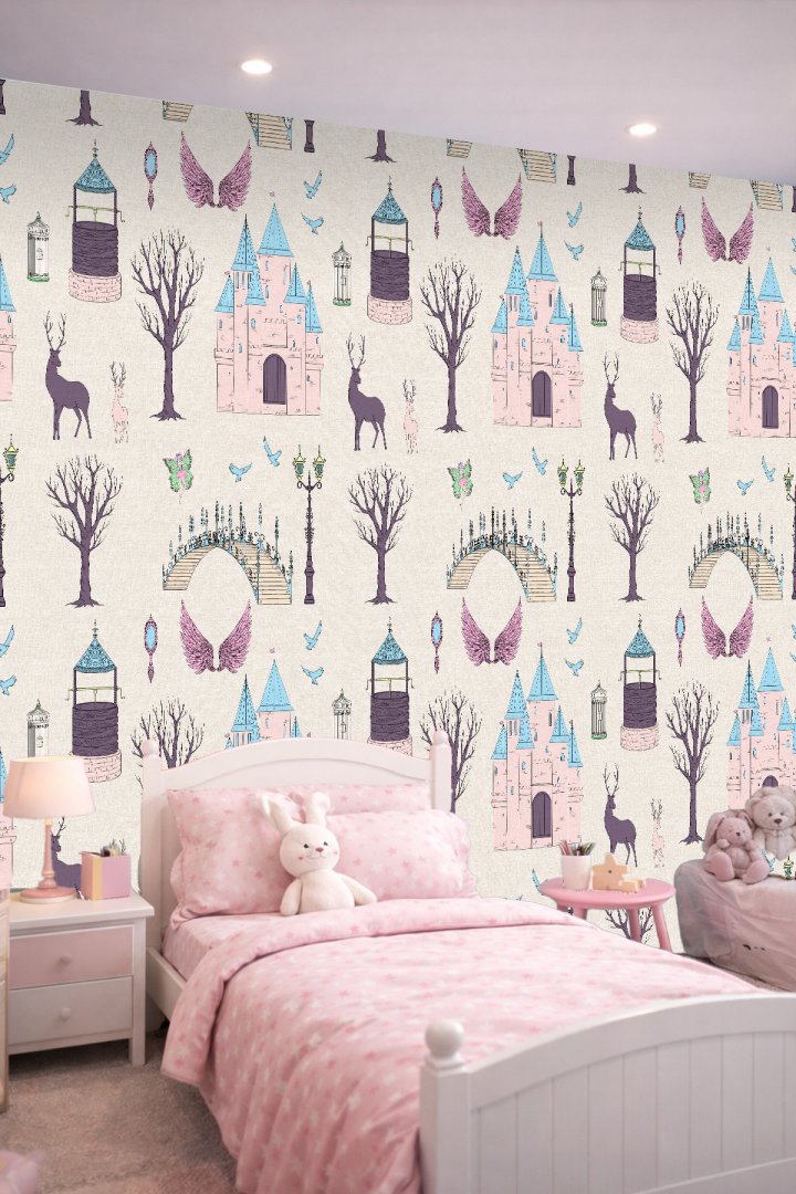 Dreamwall Masalsı Şato, Geyik ve Sihirli Orman Desenli Çocuk Odası Tek Parça Tekstil Duvar Kağıdı
