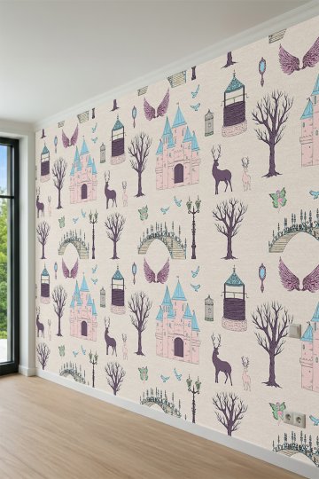 Dreamwall Masalsı Şato, Geyik ve Sihirli Orman Desenli Çocuk Odası Tek Parça Tekstil Duvar Kağıdı küçük görsel 3